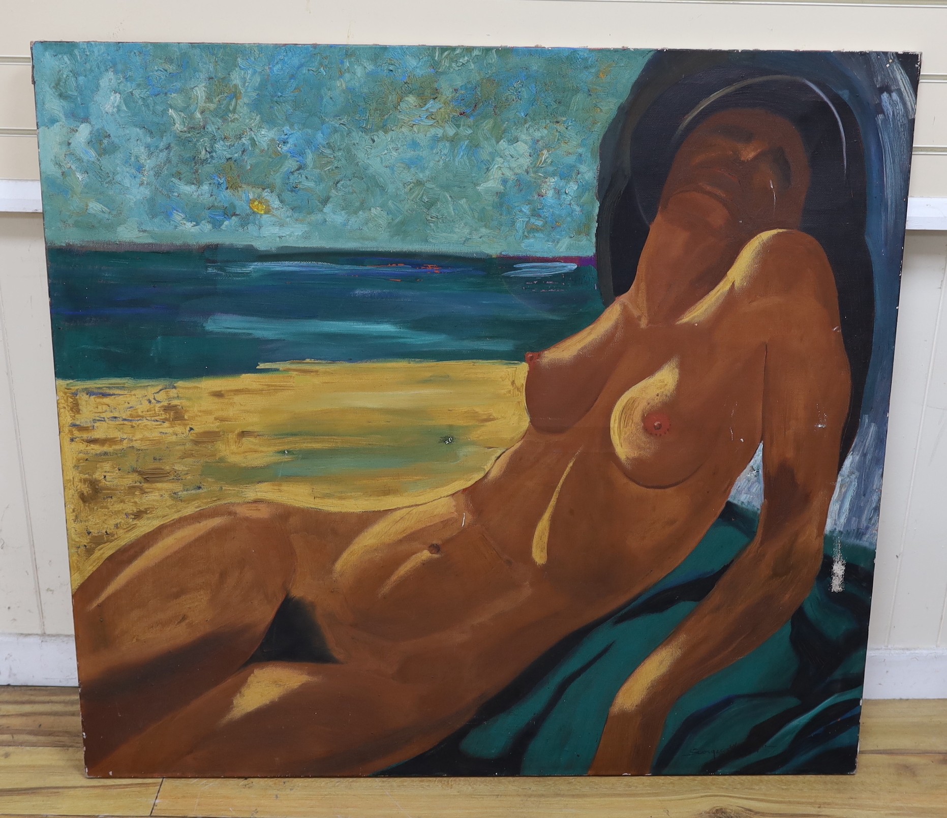 Georges ..., oil on canvas, Female nude on a beach, indistinctly signed, 110 x 120cm, unframed